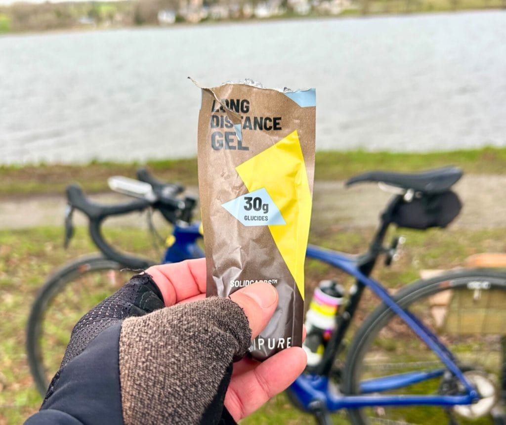 Gel Nutripure utilisé en sortie vélo 3 heures stratégie 60 g glucides par heure